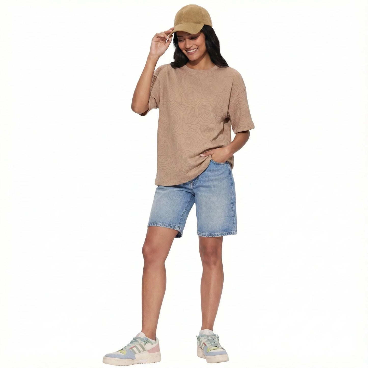 Rose Beige Embossed Drop Shoulder T-Shirt - styleflea