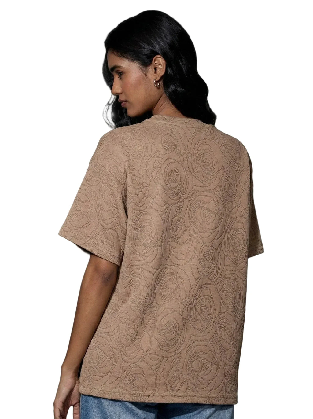 Rose Beige Embossed Drop Shoulder T-Shirt - styleflea