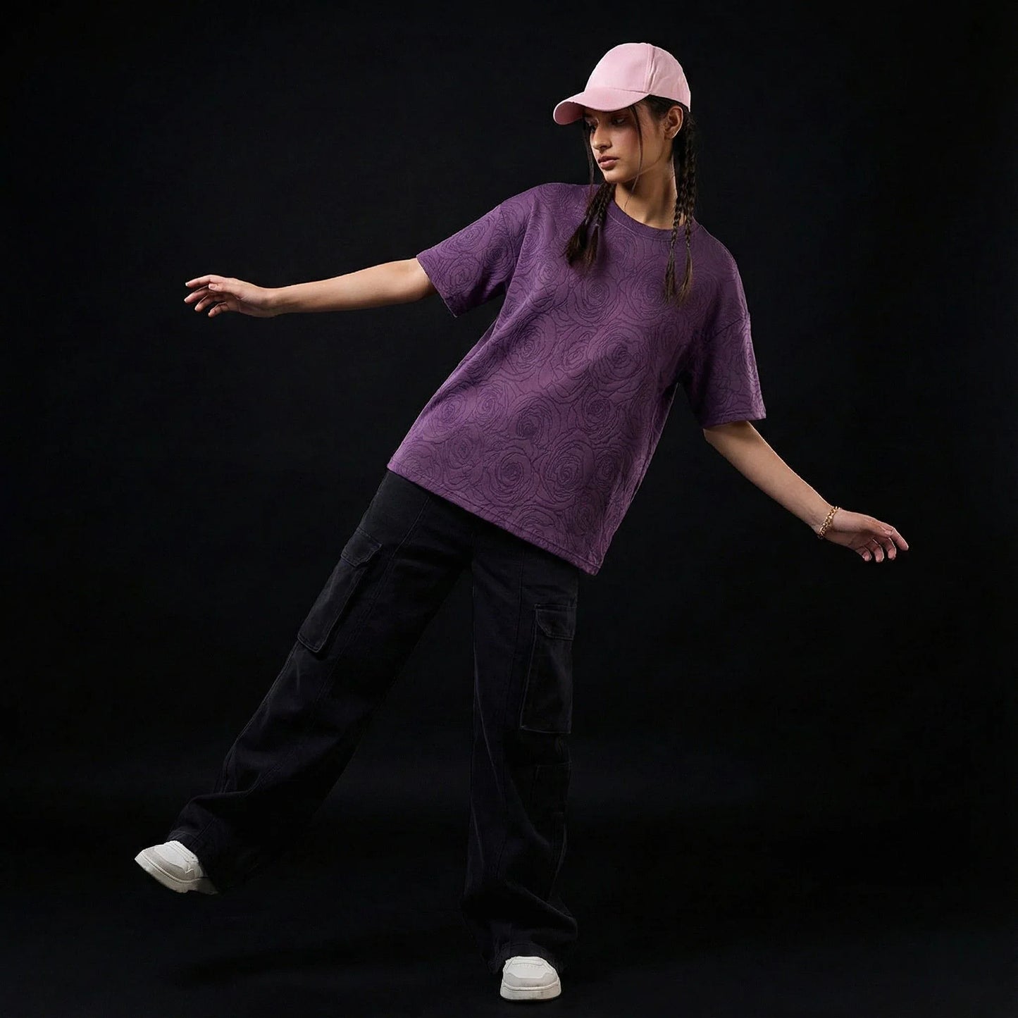 Rose Purple Embossed Drop Shoulder T-Shirt - styleflea