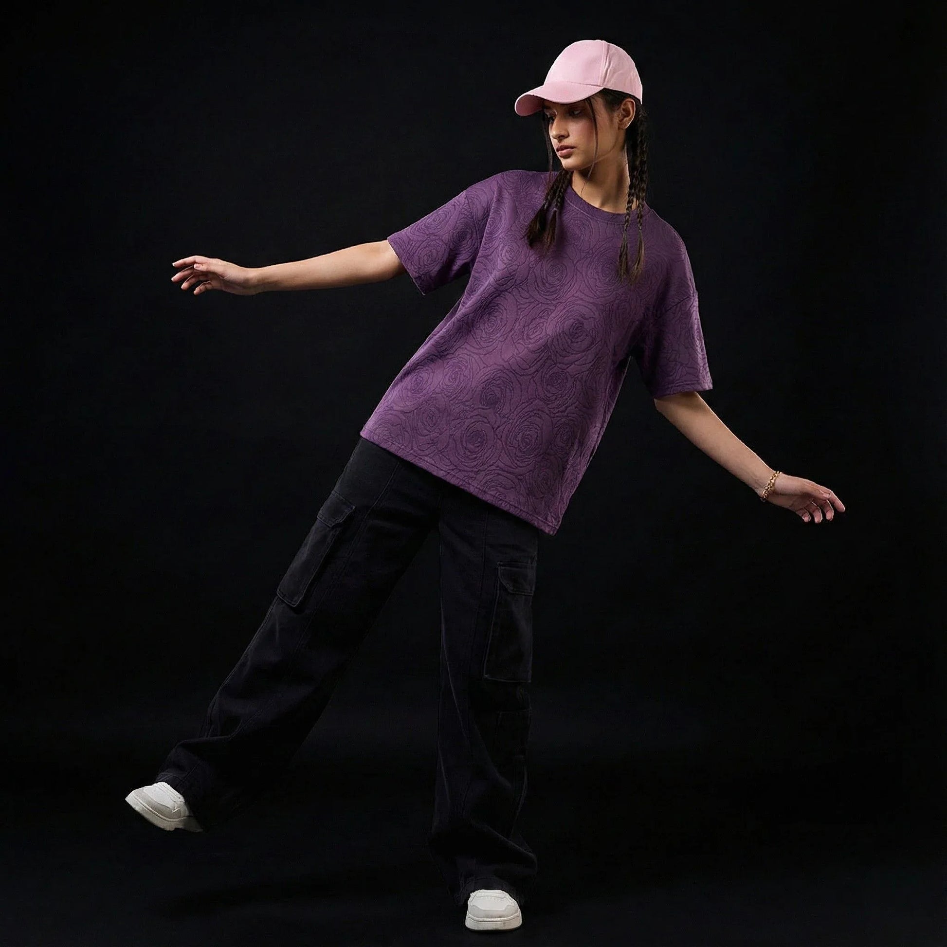 Rose Purple Embossed Drop Shoulder T-Shirt - styleflea