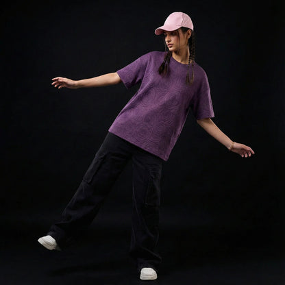 Rose Purple Embossed Drop Shoulder T-Shirt - styleflea