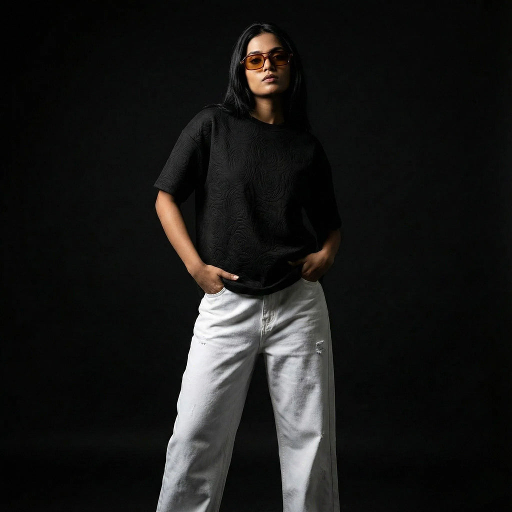 Rose Midnight Embossed Drop Shoulder T-shirt - styleflea