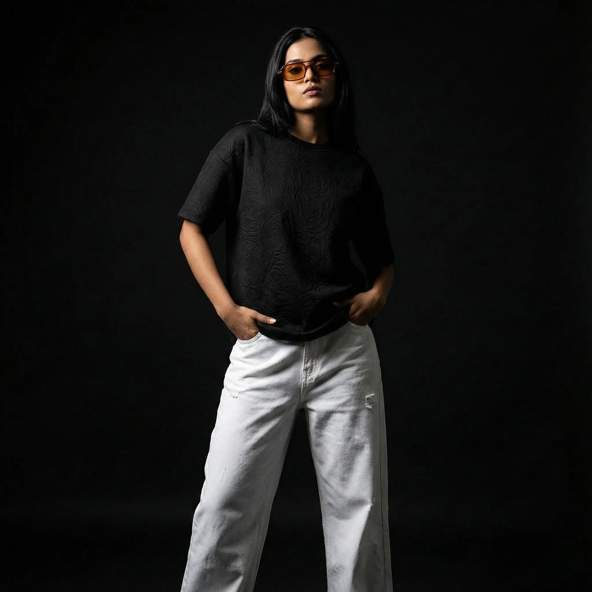 Rose Midnight Embossed Drop Shoulder T-shirt - styleflea