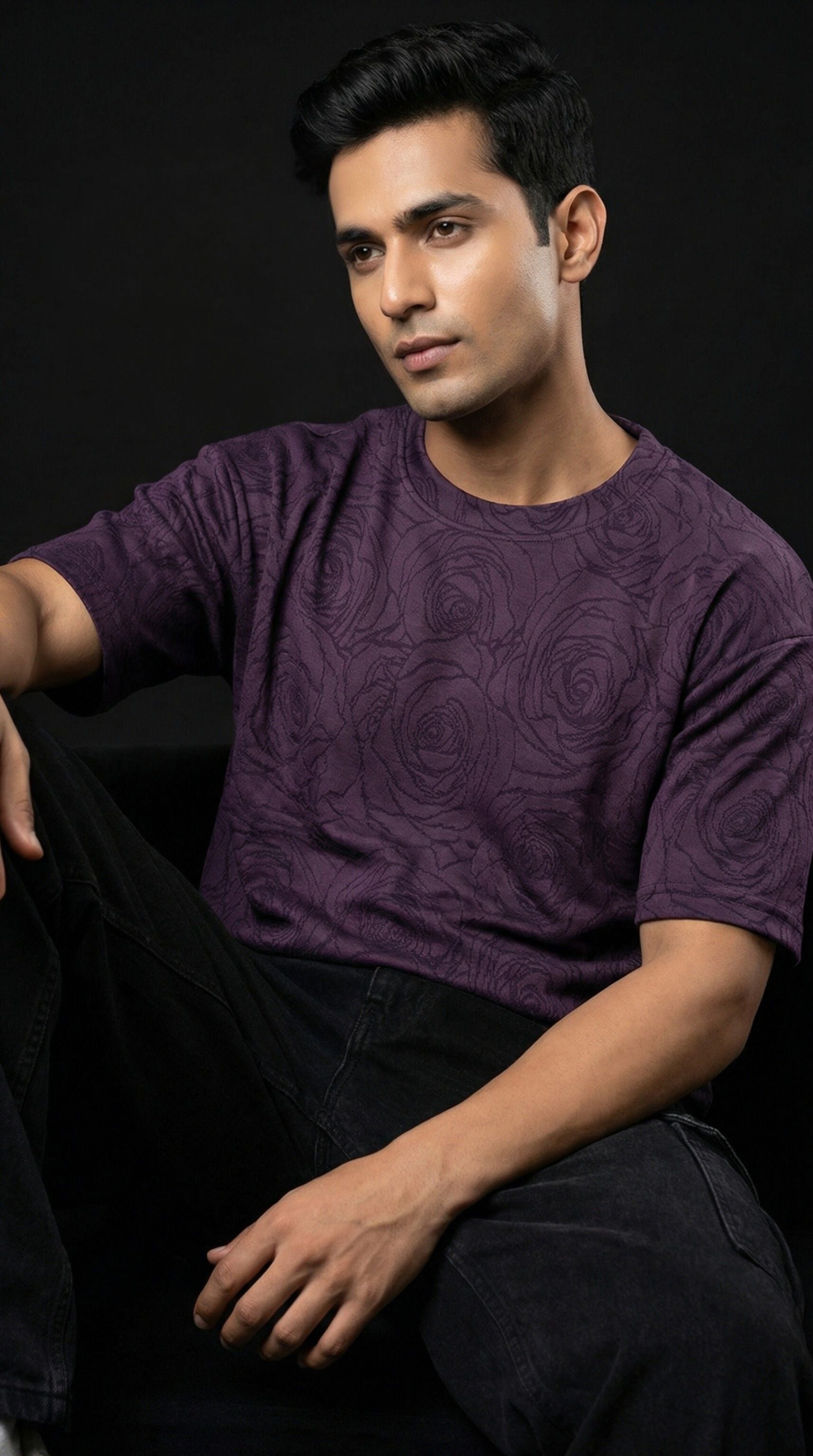 Rose Purple Embossed Drop Shoulder T-Shirt