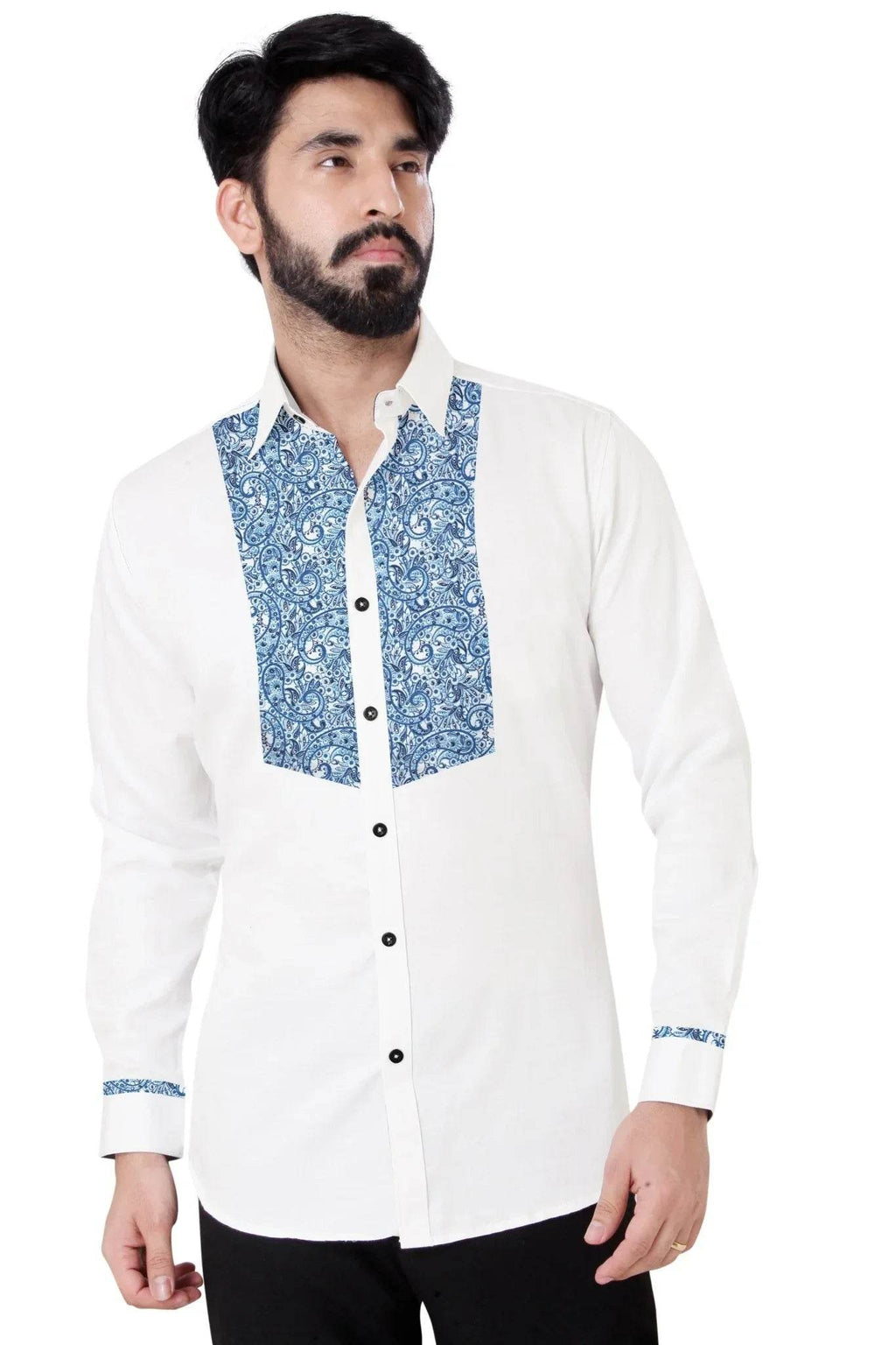 Blue Light Patchwork Mid-Torso Cotton Shirt - styleflea