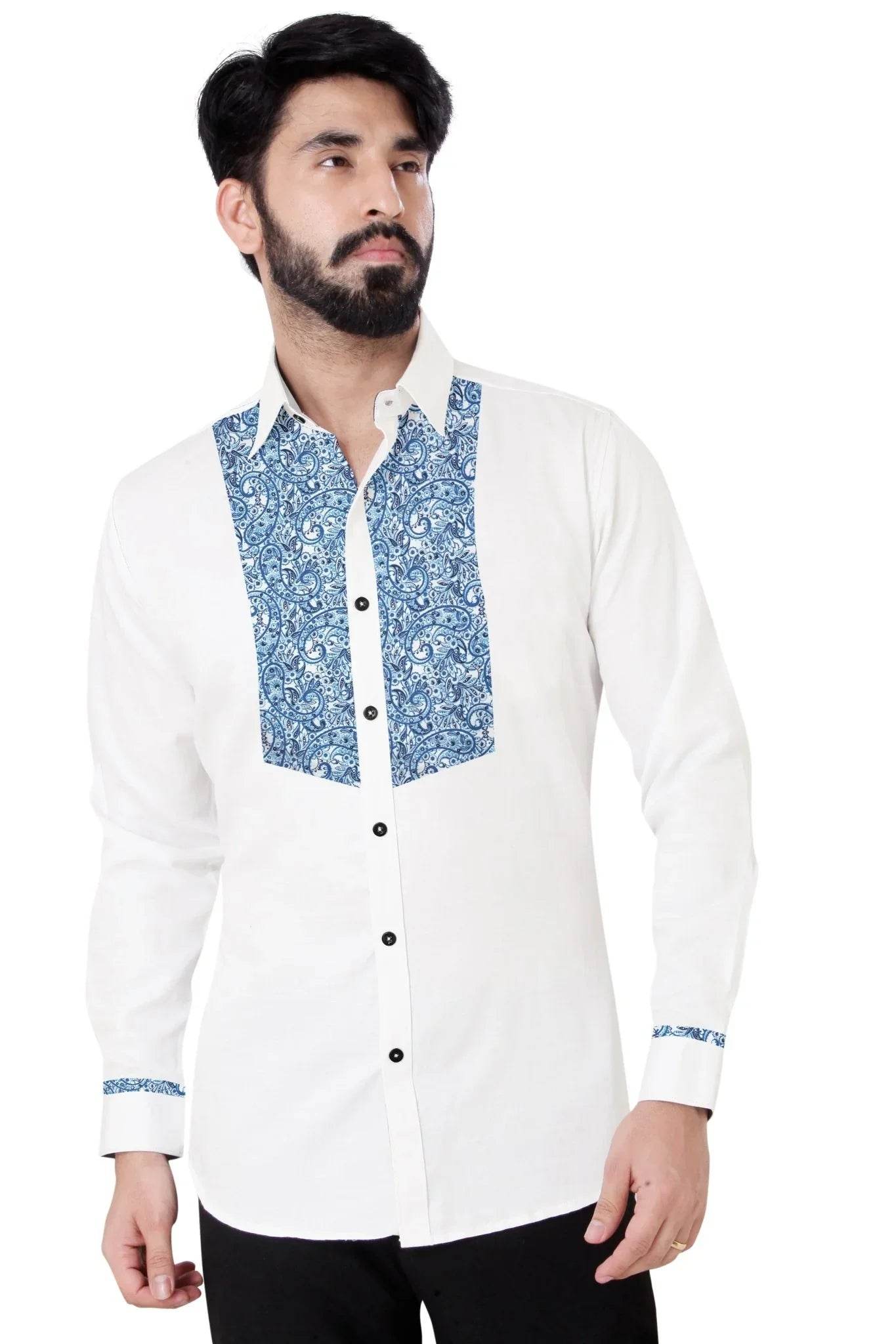 Blue Light Patchwork Mid-Torso Cotton Shirt - styleflea