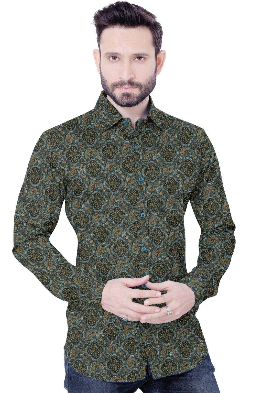 Dark Green Printed Casual Cotton Shirt - styleflea