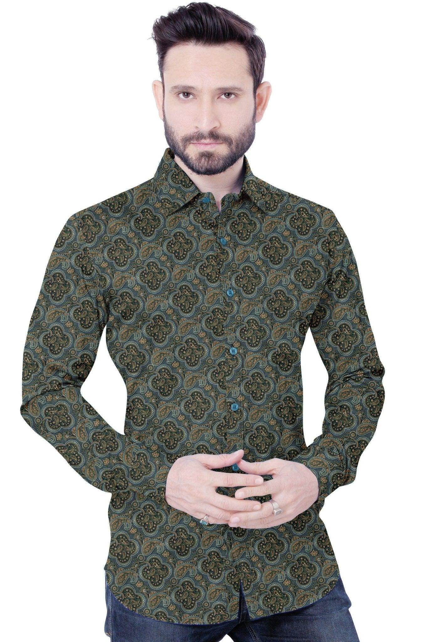 Dark Green Printed Casual Cotton Shirt - styleflea