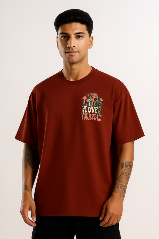  Love Yourself t-shirt in burgundy, front view