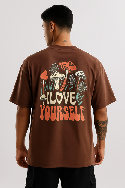 Love Yourself t-shirt in earthy brown, back view