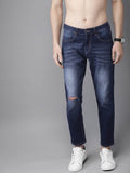 Men Blue Ankle Slim Tapered Slash Knee Stretchable Jeans - styleflea