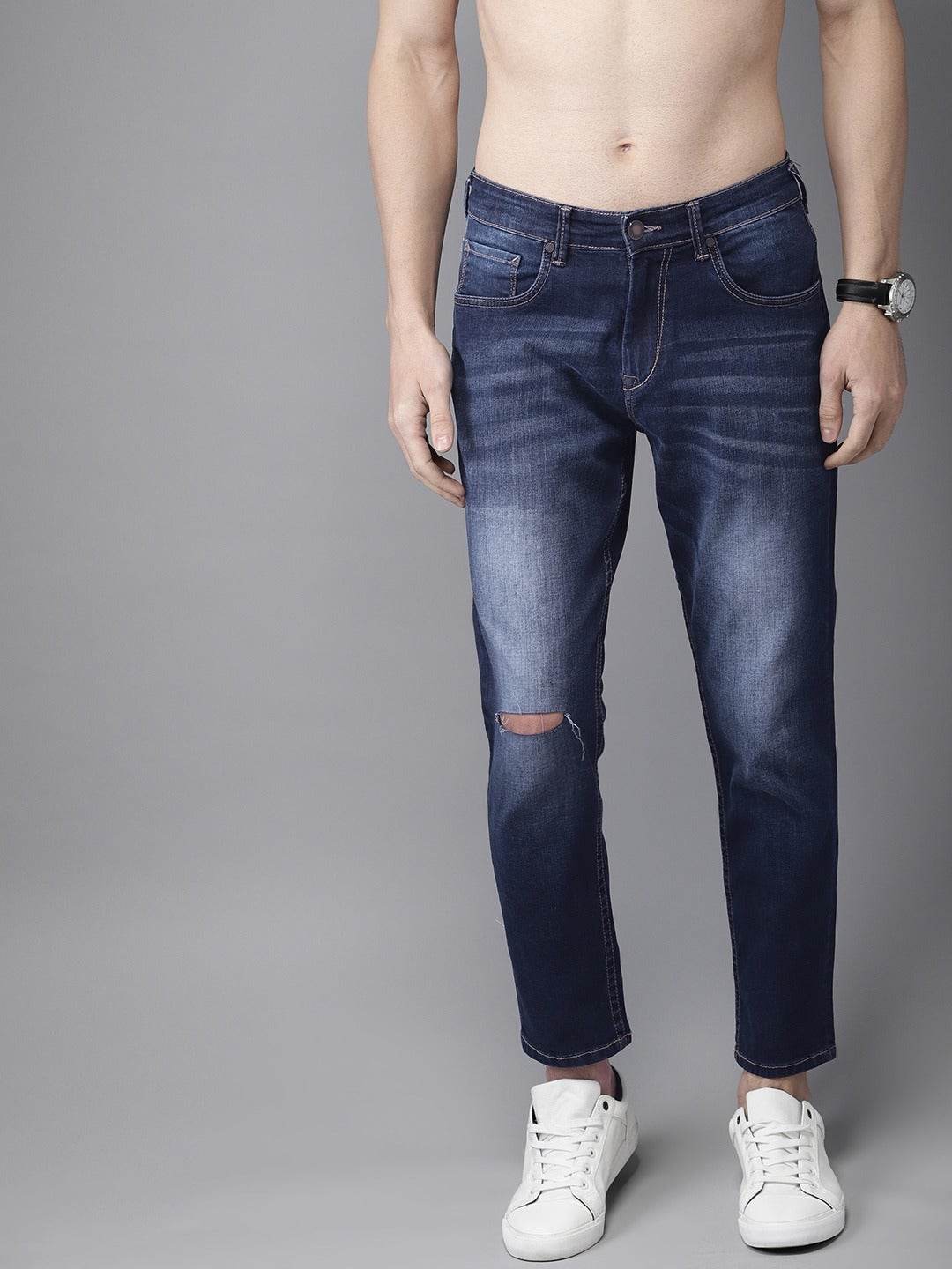 Men Blue Ankle Slim Tapered Slash Knee Stretchable Jeans - styleflea