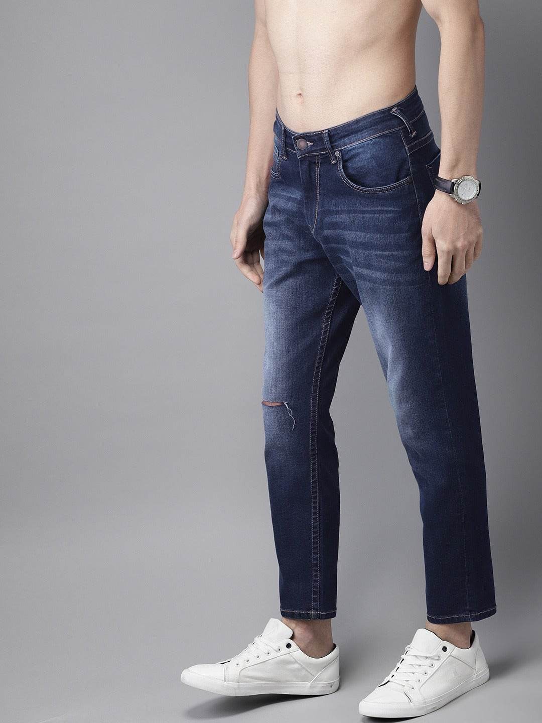 Men Blue Ankle Slim Tapered Slash Knee Stretchable Jeans - styleflea