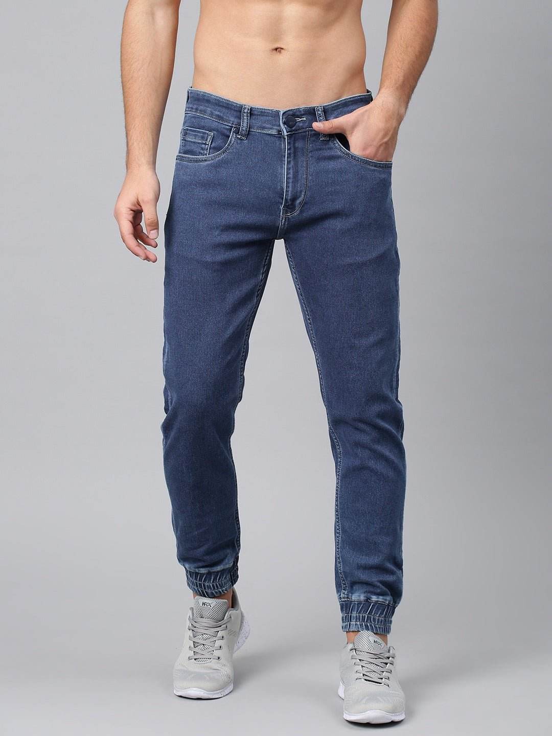 Men Blue Jogger Mid-Rise Clean Look Stretchable Jeans - styleflea