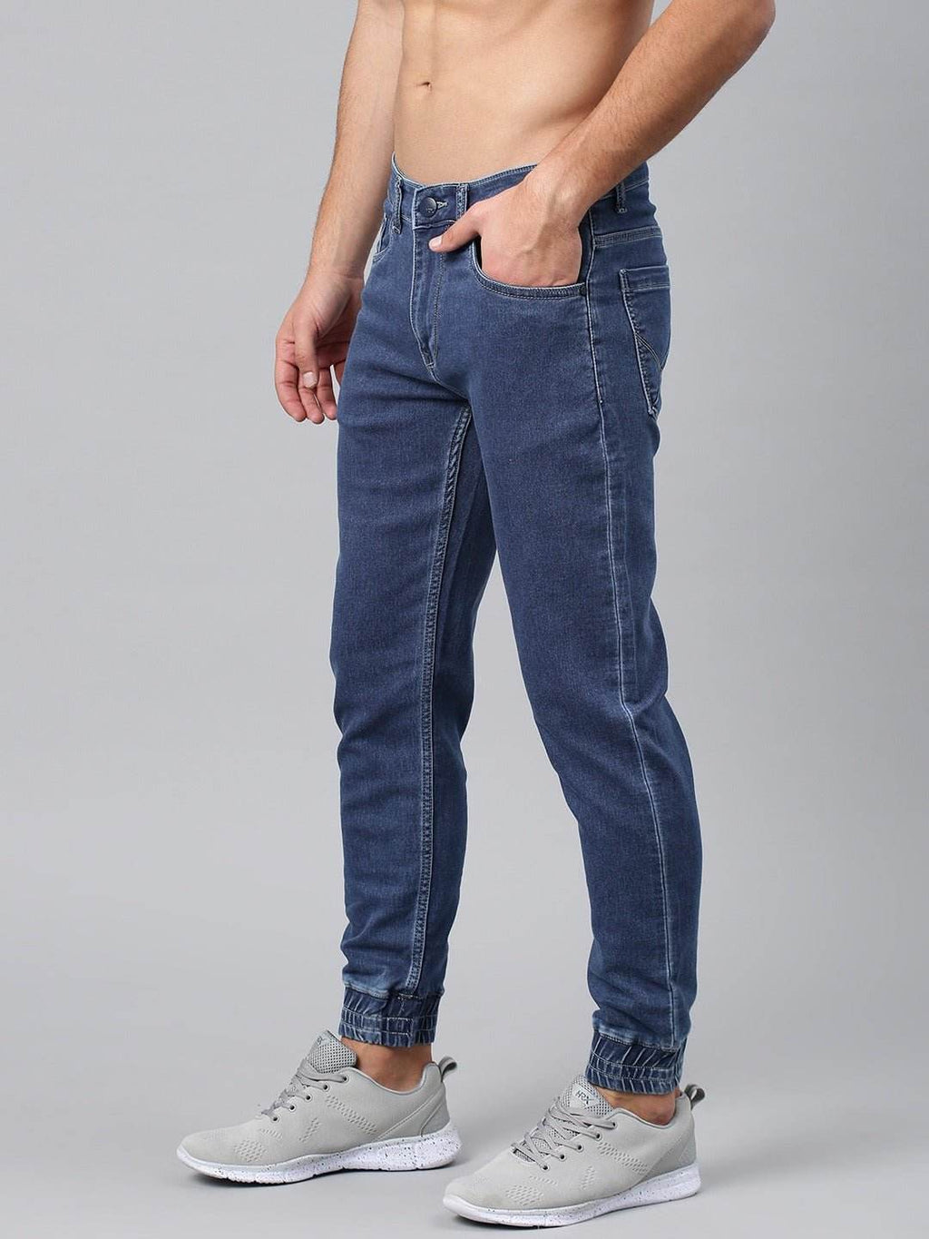 Men Blue Jogger Mid-Rise Clean Look Stretchable Jeans - styleflea