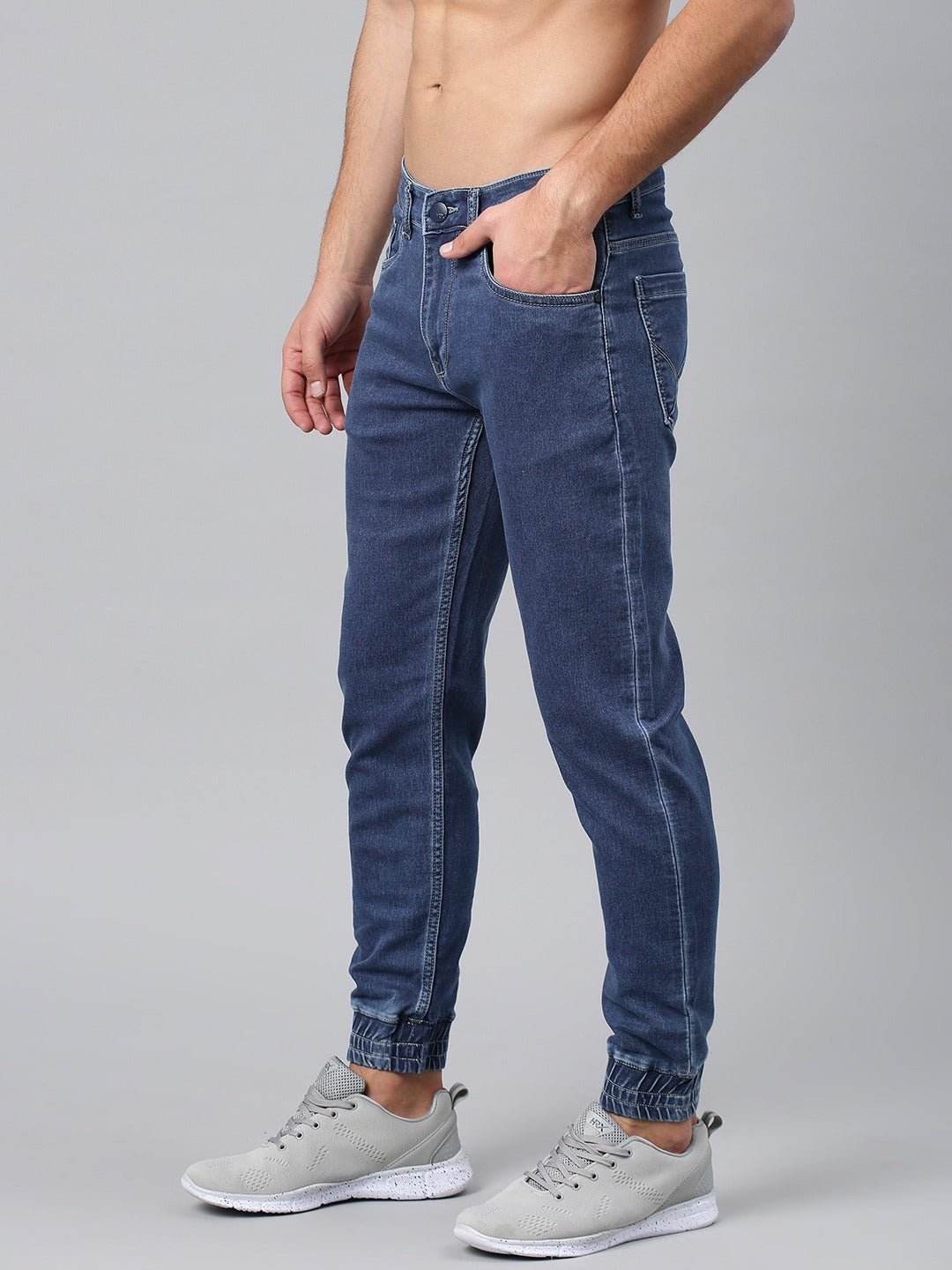 Men Blue Jogger Mid-Rise Clean Look Stretchable Jeans - styleflea