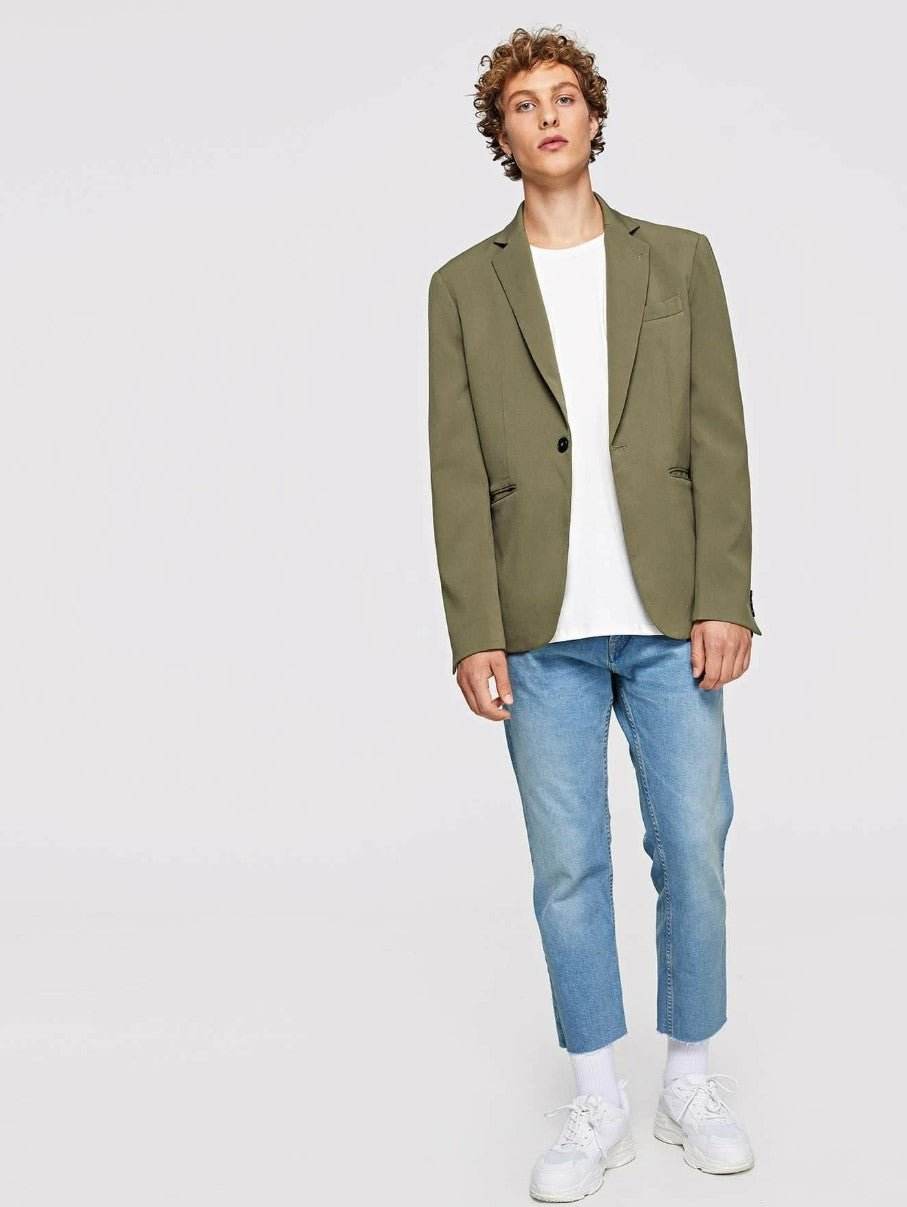 Men Button & Pocket Up Notched Neck Blazer - styleflea