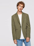 Men Button & Pocket Up Notched Neck Blazer - styleflea