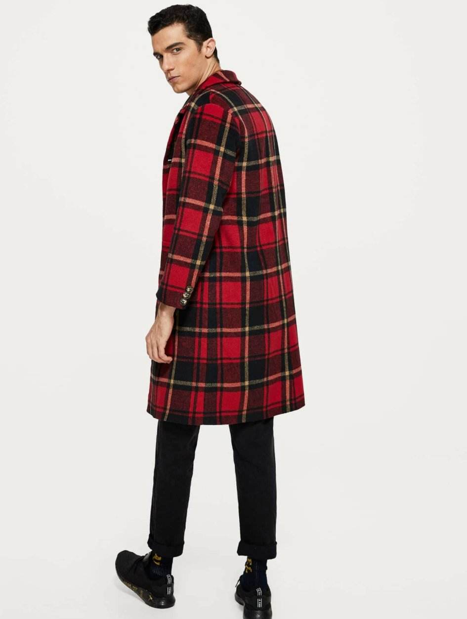 Men Button Up Plaid Print Coat - styleflea