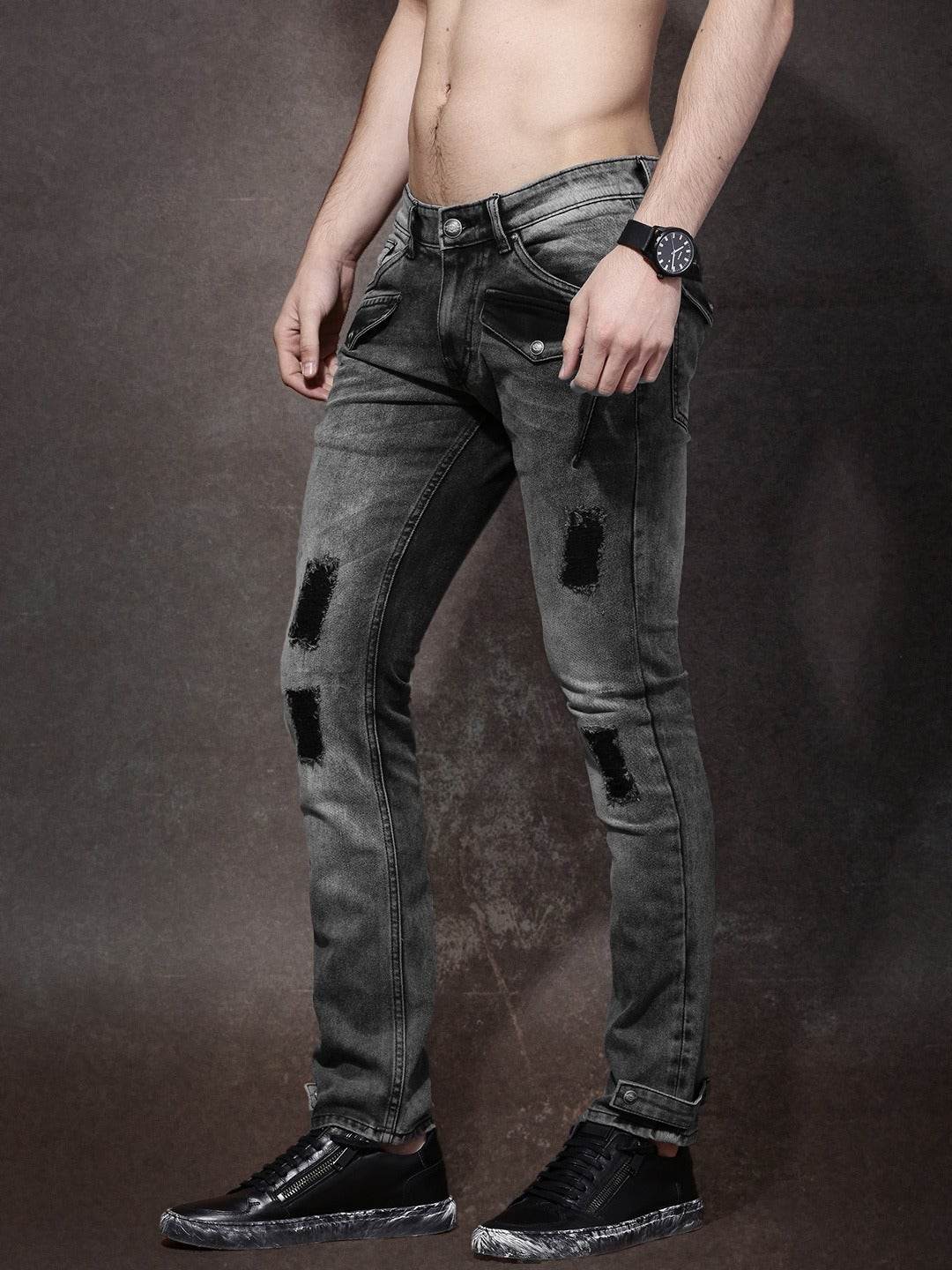 Men Charcoal Grey Skinny Fit Mildly Distressed Stretchable Jeans - styleflea