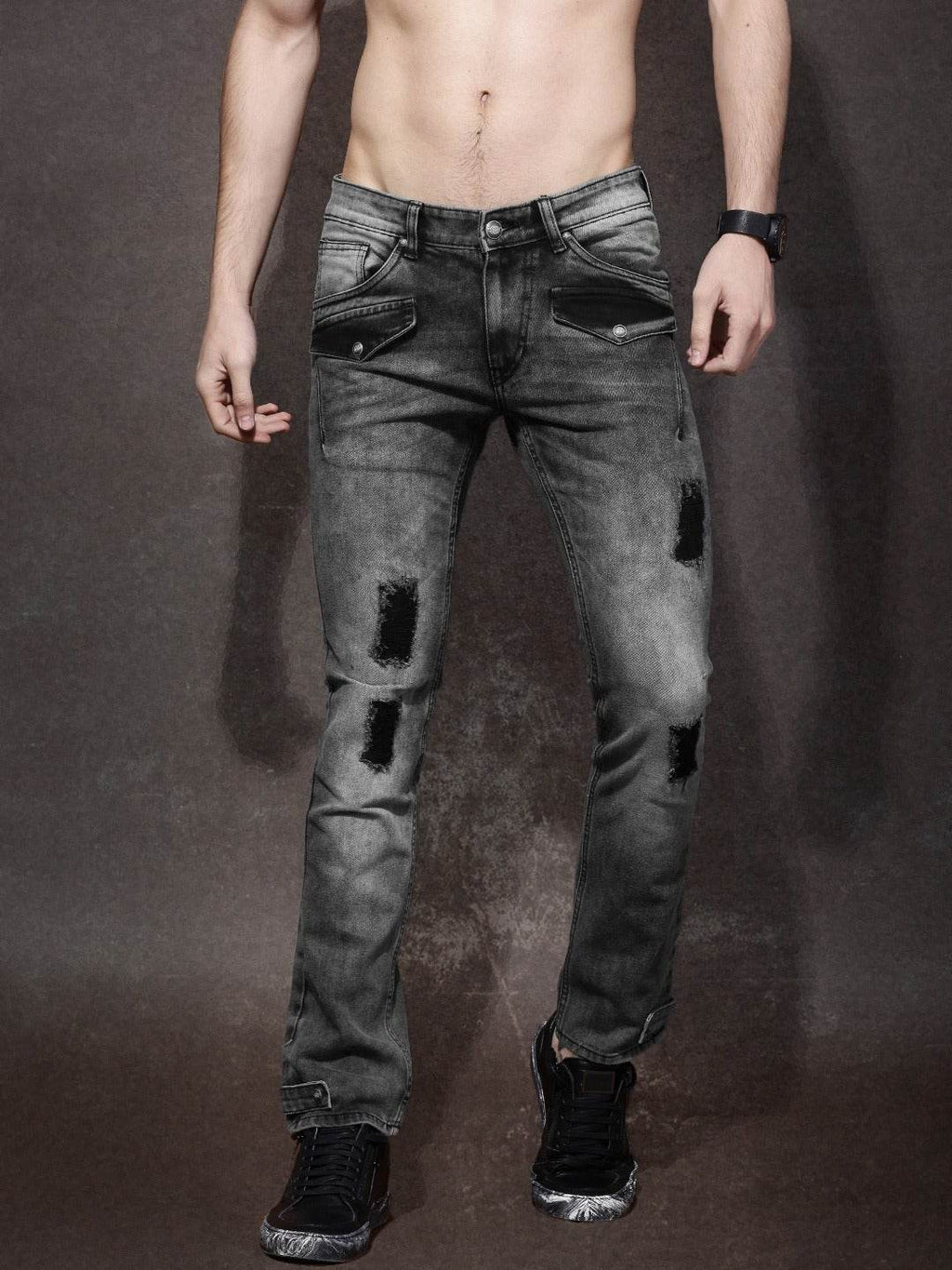 Men Charcoal Grey Skinny Fit Mildly Distressed Stretchable Jeans - styleflea
