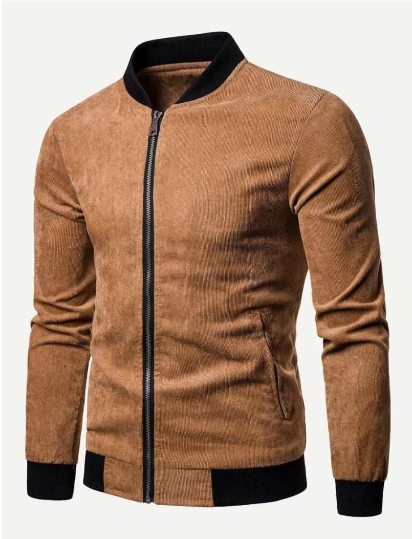 Men Contrast Trim Corduroy Bomber Jacket - styleflea