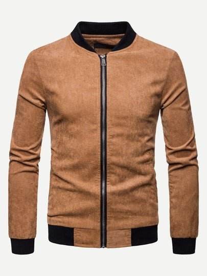 Men Contrast Trim Corduroy Bomber Jacket - styleflea