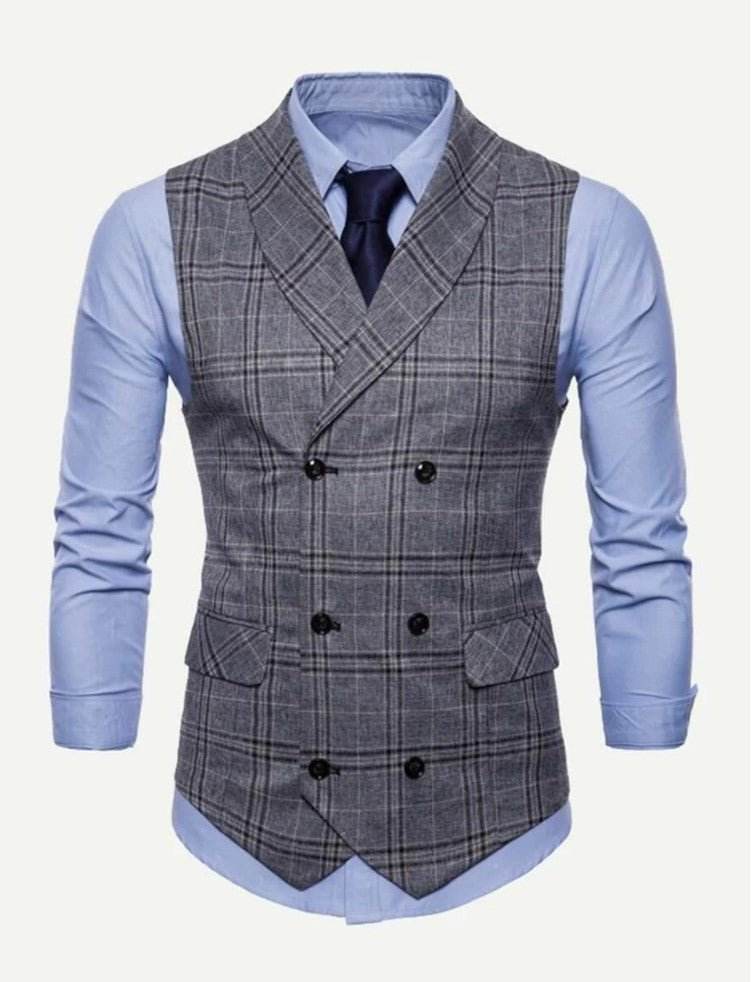 Men Double Breasted Plaid Waistcoat (ONLY VEST/NO SHIRT & TIE) - styleflea