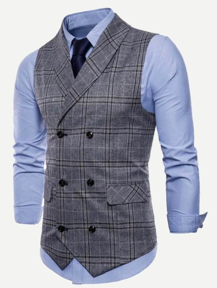 Men Double Breasted Plaid Waistcoat (ONLY VEST/NO SHIRT & TIE) - styleflea