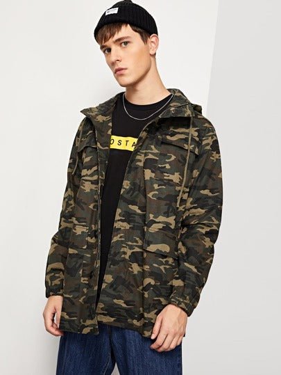 Men Drawstring Hoodie Camo Print Coat - Styleflea