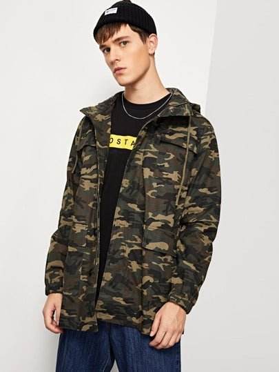 Men Drawstring Hoodie Camo Print Coat - styleflea