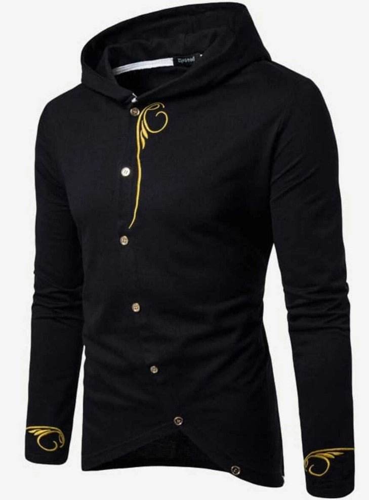 Men Embroidery Asymmetric Hem Hooded Coat - styleflea