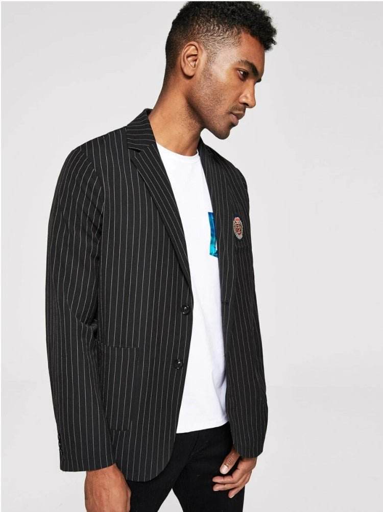 Men Patched Detail Vertical Striped Blazer - styleflea