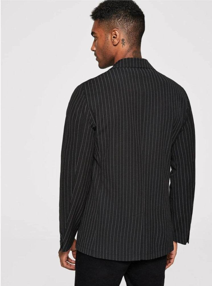 Men Patched Detail Vertical Striped Blazer - styleflea