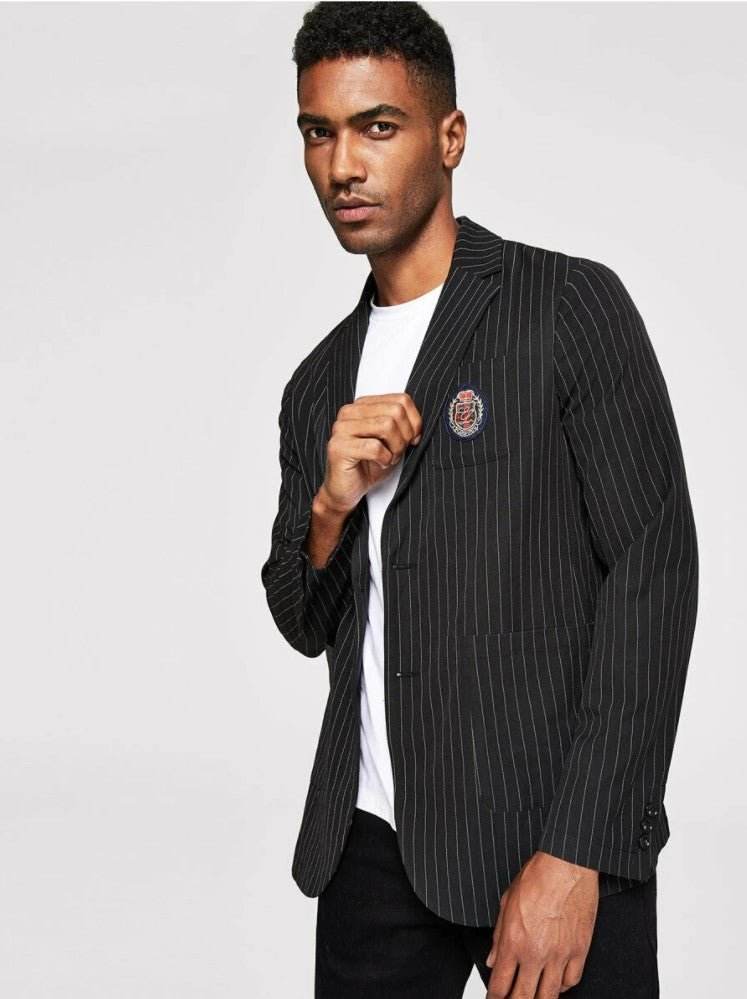 Men Patched Detail Vertical Striped Blazer - styleflea