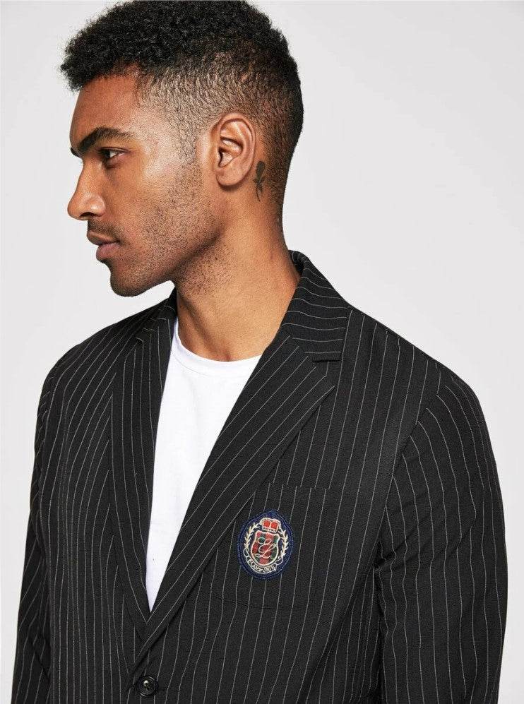 Men Patched Detail Vertical Striped Blazer - styleflea