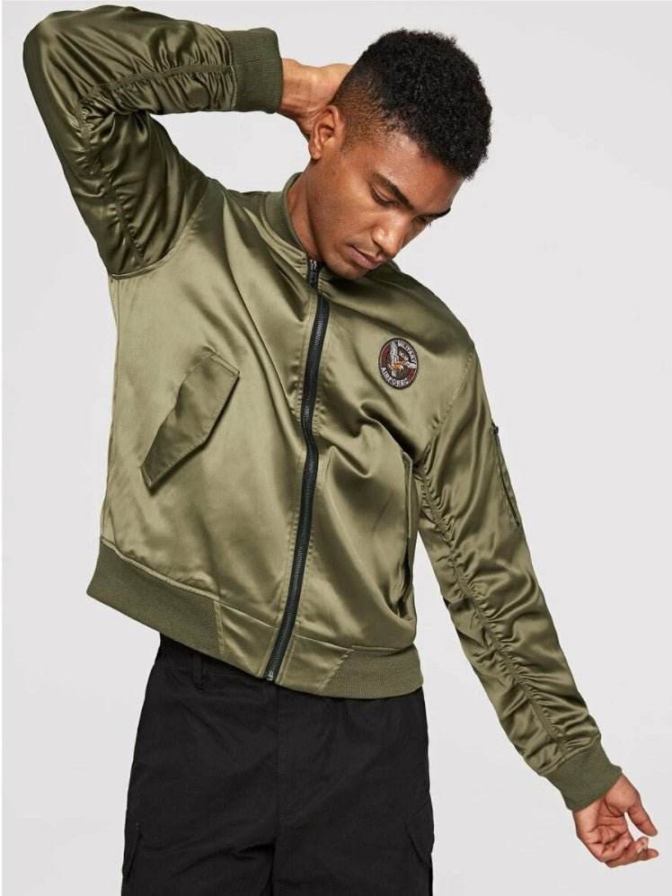 Men Patched Detail Zip Up Bomber Jacket - styleflea