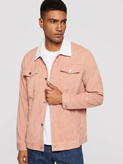 Men Pocket Patched Buttoned Cord Jacket - styleflea