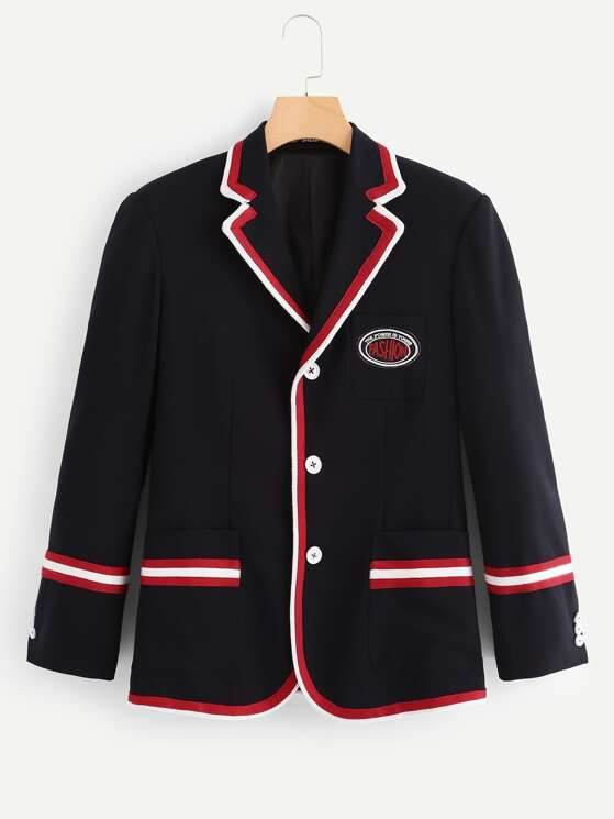 Men Single Breasted Patched Striped Blazer - styleflea