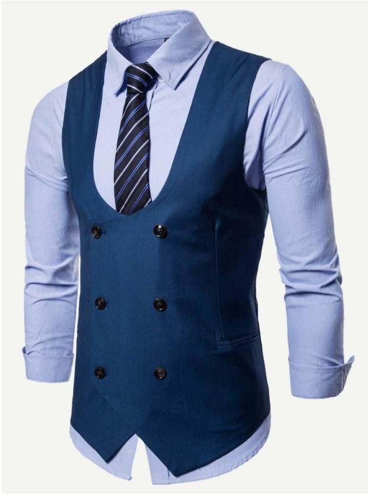 Men Solid Double Breasted Pointed Hem (ONLY VEST/NO SHIRT & TIE ) - styleflea