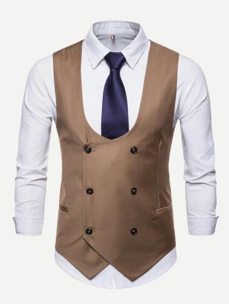 Men Solid Double Breasted Pointed Hem (ONLY VEST/NO SHIRT & TIE ) - styleflea