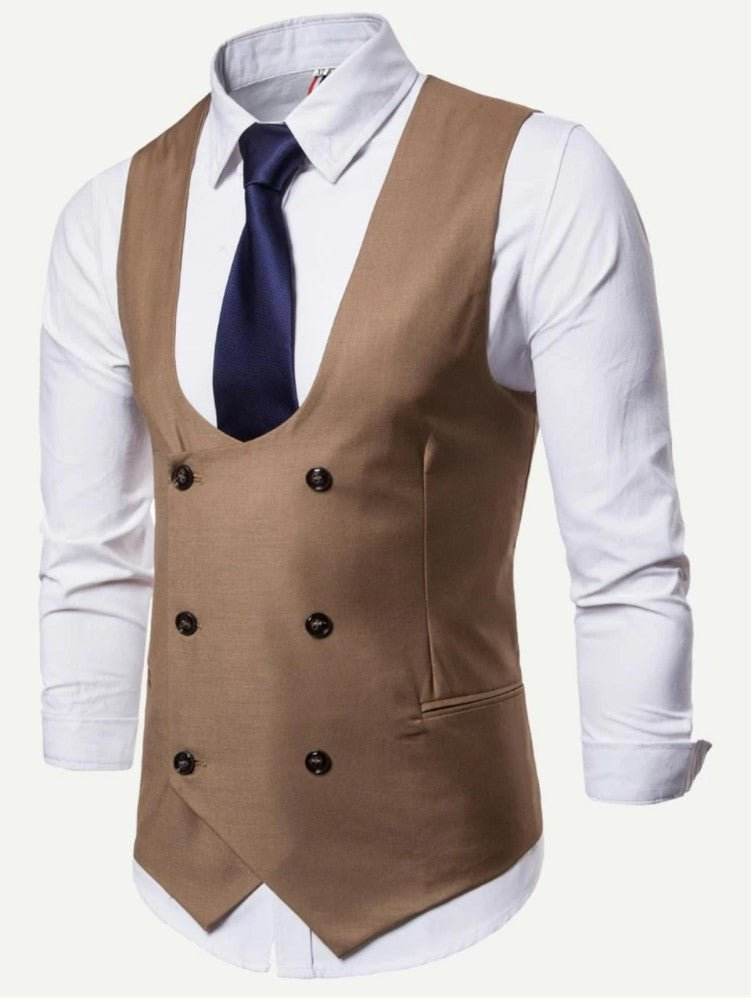 Men Solid Double Breasted Pointed Hem (ONLY VEST/NO SHIRT & TIE ) - styleflea