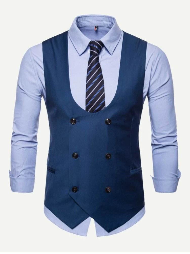 Men Solid Double Breasted Pointed Hem (ONLY VEST/NO SHIRT & TIE ) - styleflea