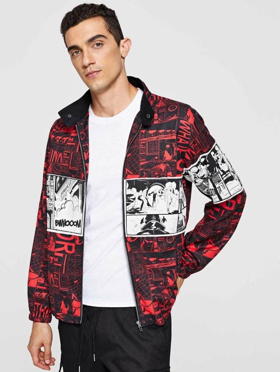Men Zip Up Mixed Print Coat - styleflea