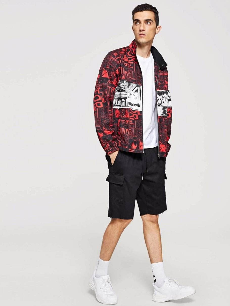 Men Zip Up Mixed Print Coat - styleflea