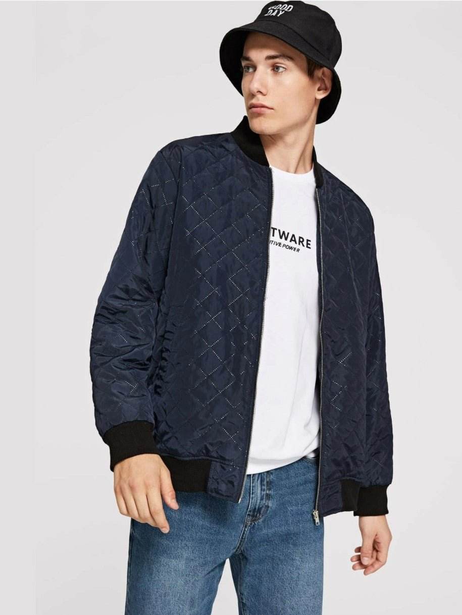 Men Zip Up Textured Bomber Jacket - styleflea