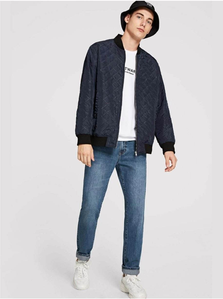 Men Zip Up Textured Bomber Jacket - styleflea