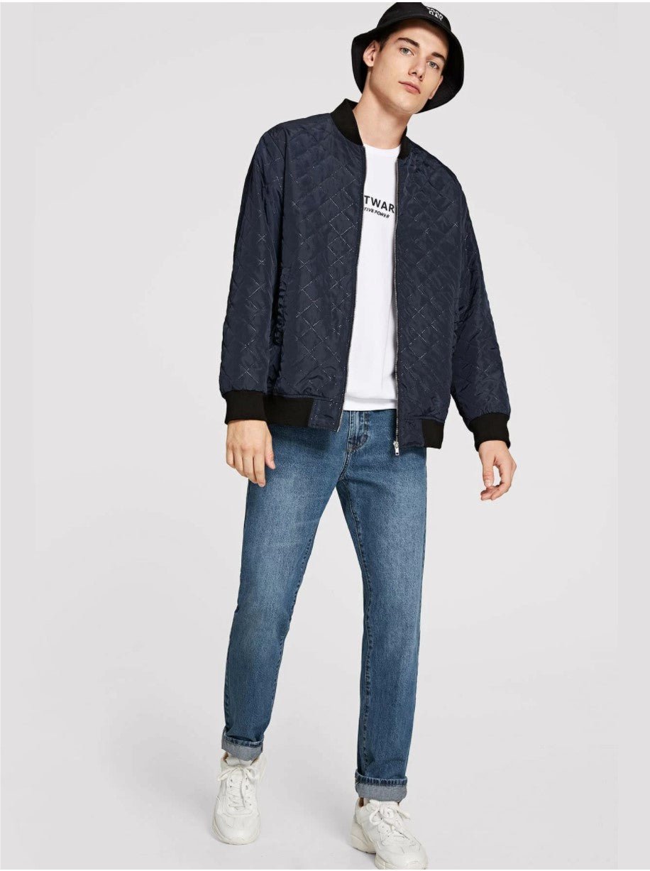 Men Zip Up Textured Bomber Jacket - styleflea