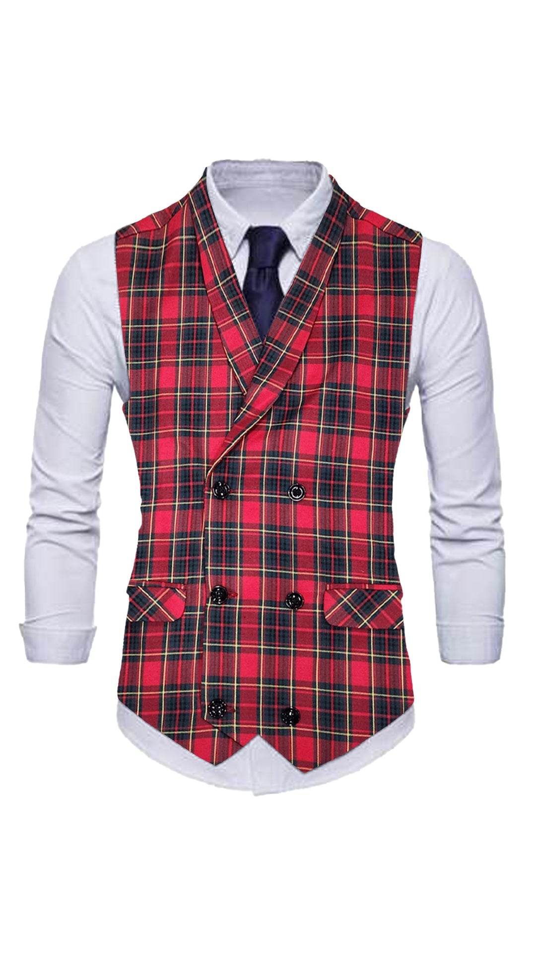 Vintage Plaid Red Regular Formal Waistcoat - styleflea