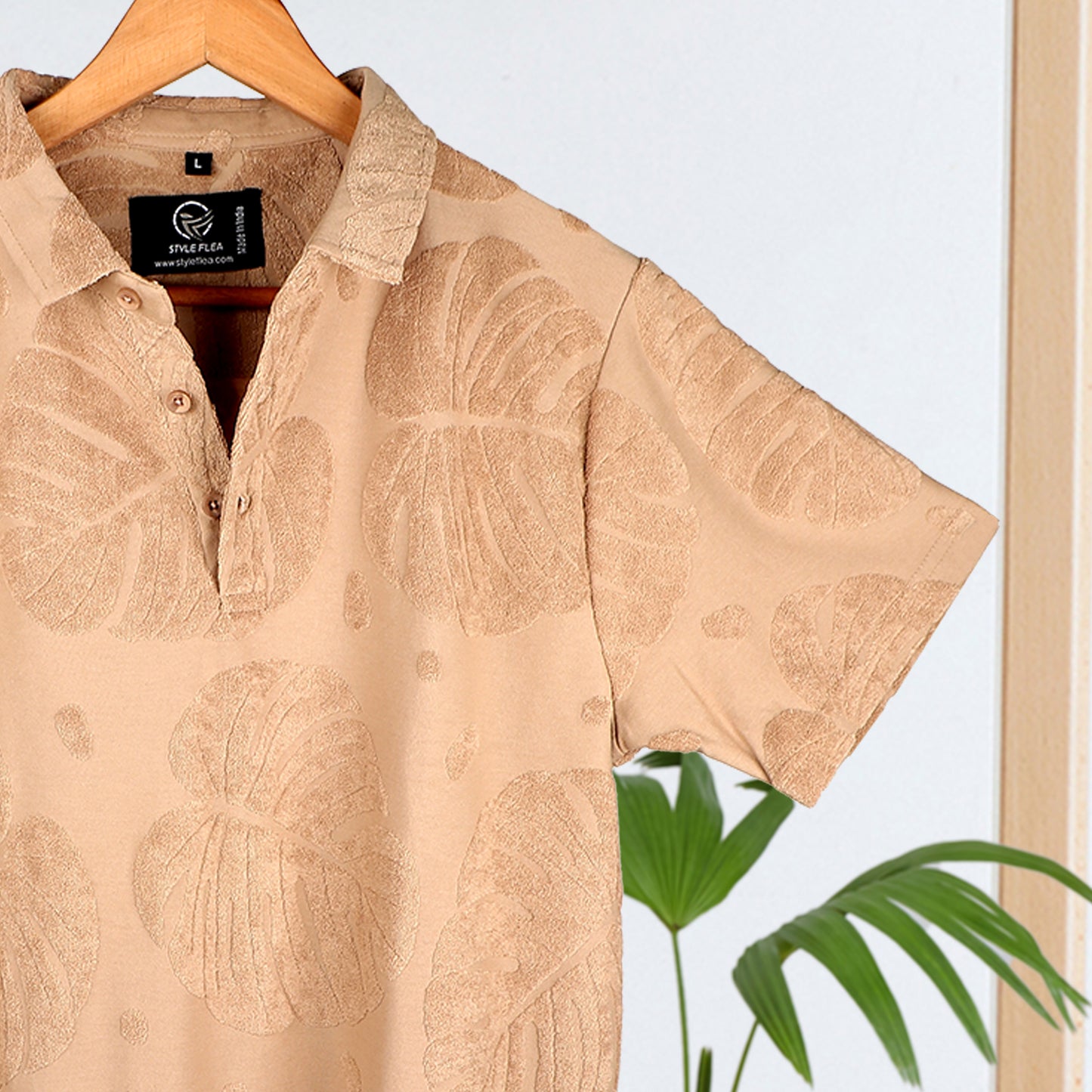 Beige Men Leaf Pattern Polo